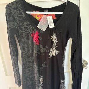 DESIGUAL short dress top tunic sz S (XS) black long sleeves floral pattern